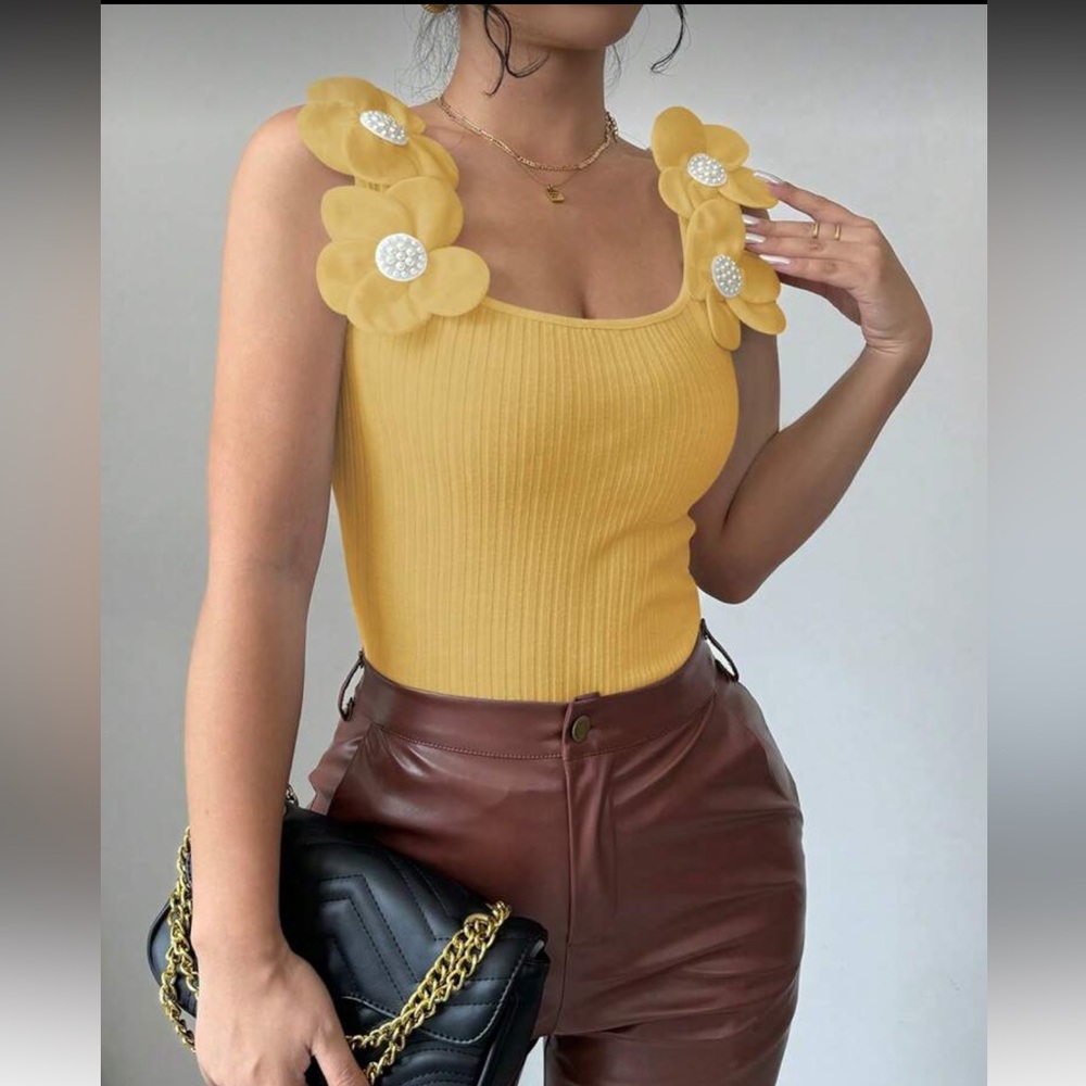 Yellow Ribbed Top with Floral Accents